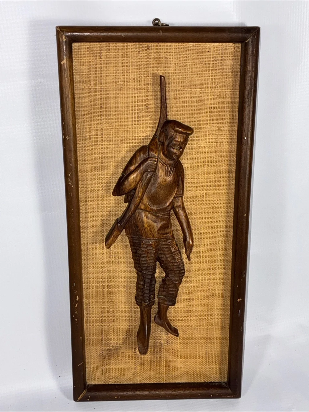 Mid Century Modern Hand Carved Wood & Burlap Wall Decor Set of 2 Vintage 1960s